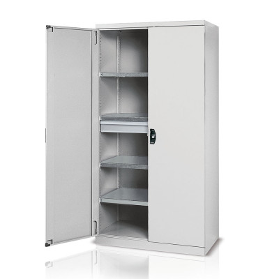 Hinged door tool cabinet, 4 shelves and 1 drawer mm. 1023Lx555Dx2000H. Light grey.