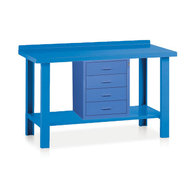 Workbench with top in sheet metal 1 chest of drawers mm. 1500Lx750Dx885H. Blue.