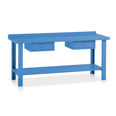 Bench with top in sheet metal and 2 drawers mm. 2000Lx750Dx885H. Blue.