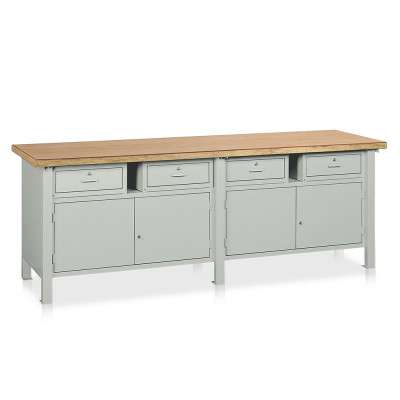 Bench with wooden top and 2 compartments and 4 drawers mm. 2500Lx750Dx900H. Grey.