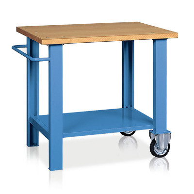 Work bench with wooden top, 2 wheels mm. 1000Lx750Dx900H. Blue.