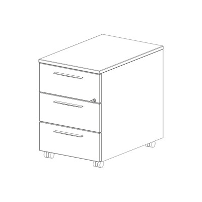 Chest of drawers on wheels, with 3 drawers in melamine dark elm. Sizes: mm 400Lx590Dx550H.