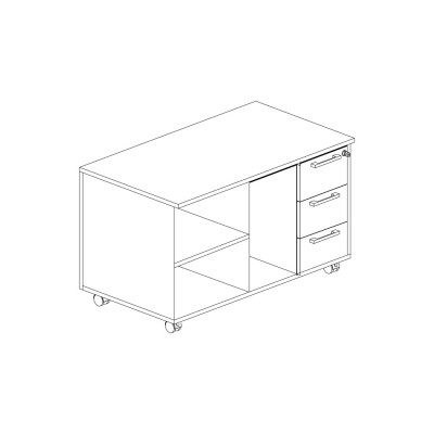 Service unit on wheels in melamine, with 3 right side drawers maple colour. Sizes: mm 1020Lx570Dx620H.