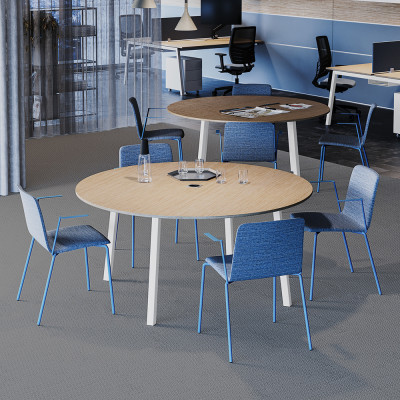 Round meeting table with V legs. Top in oak melamine and structure in white painted steel. Sizes: mm 1200Lx1200Dx740H.