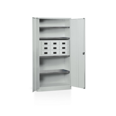 Cabinet with hinged doors 4 floors and 1 drawer unit with 9 drawers mm. 1000Lx400Dx2000H Grey.